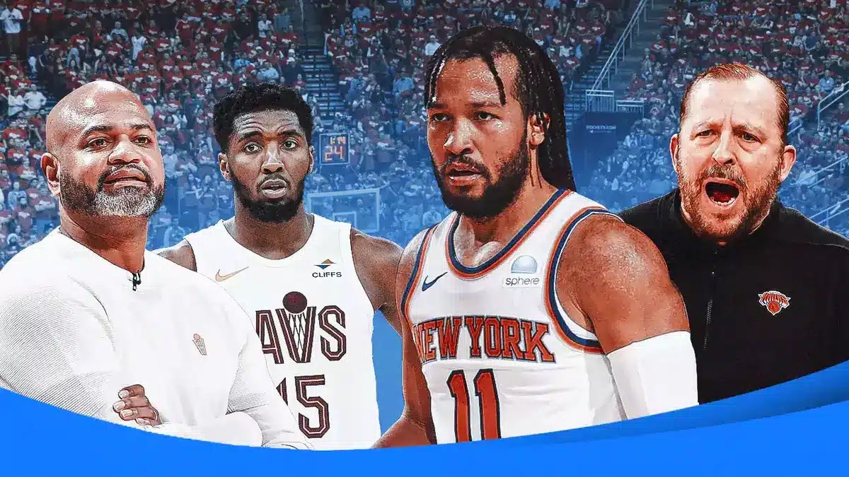 Cavs JB Bickerstaff and Donovan Mitchell next to Knicks Jalen Brunson and Tom Thibodeau
