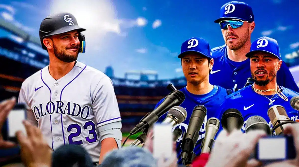 Rockies' Kris Bryant standing on the left by himself. Nobody else around him. Place' Dodgers' Shohei Ohtani, Dodgers' Mookie Betts, and Dodgers' Freddie Freeman on right with microphones pointed toward them as if they are being interviewed.