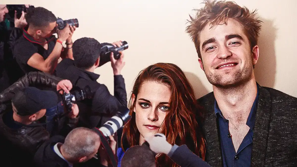 Kristen Stewart and Robert Pattinson with a bunch of cameras and microphones (from reporters) in their faces