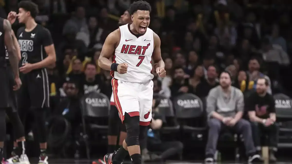 Miami Heat guard Kyle Lowry (7) reacts after scoring in the third quarter against the Brooklyn Nets at Barclays Center.