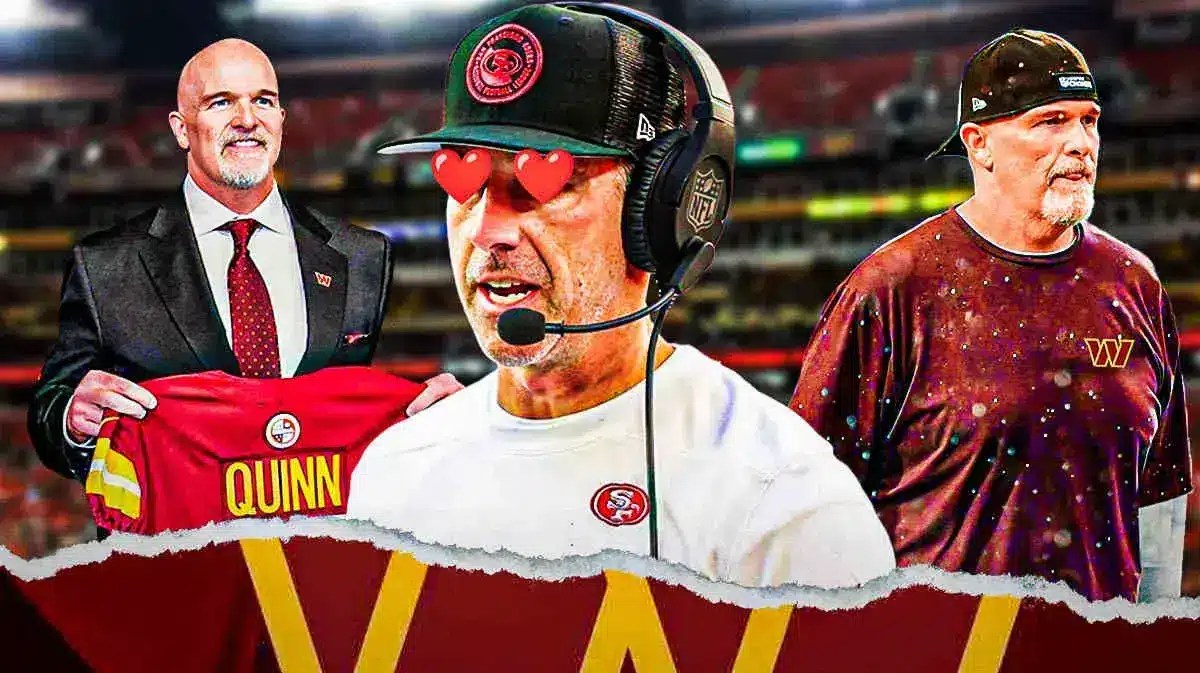 Kyle Shanahan with heart eyes looking at Adam Peters, Dan Quinn in Commanders gear