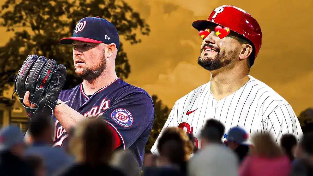 Kyle Schwarber with heart eyes looking at Jon Lester