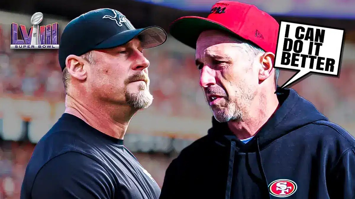 Kyle Shanahan saying “I can do it better” to Dan Campbell. Super Bowl 58 logo