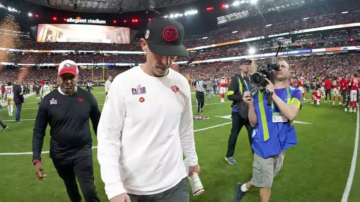 San Francisco 49ers head coach Kyle Shanahan walks off the field after losing Super Bowl LVIII to the Kansas City Chiefs at Allegiant Stadium.