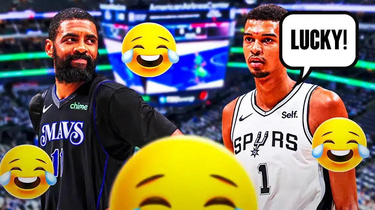 Kyrie Irving on one side, Victor Wembanyama on the other side with a speech bubble that says “Lucky!” a bunch of crying laughing emojis in the background