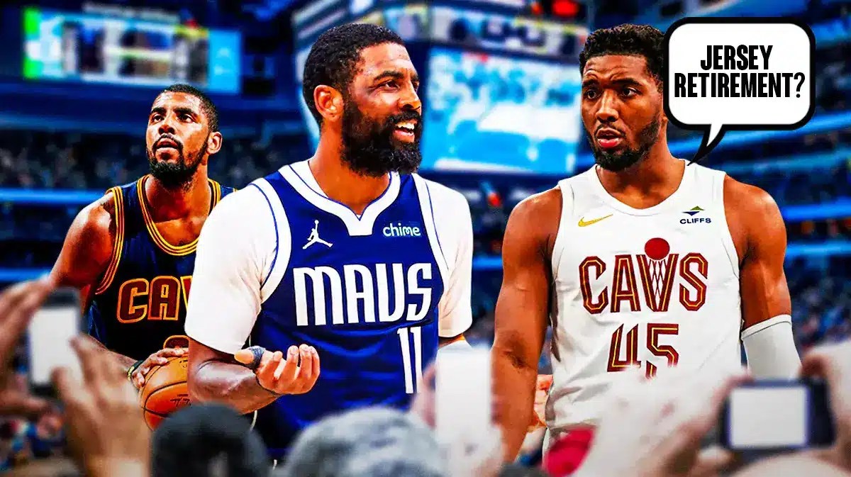 Mavericks' Kyrie Irving on left. Cavs' Donovan Mitchell on right. Have Mitchell asking the following question: Jersey retirement? In background, have Kyrie Irving in a Cavs jersey shooting a basketball.