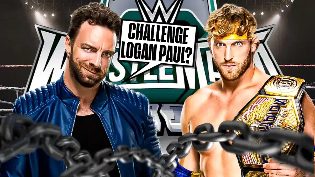 LA Knight with a text bubble reading “Challenge Logan Paul?” next to Logan Paul holding the United States Championship with the WrestleMania 40 logo as the background.