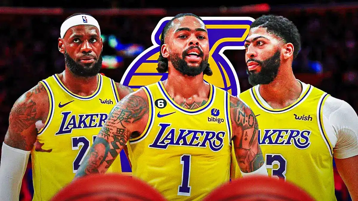D’Angelo Russell in middle, LeBron and AD on either side, LA Lakers logo, basketball court in background