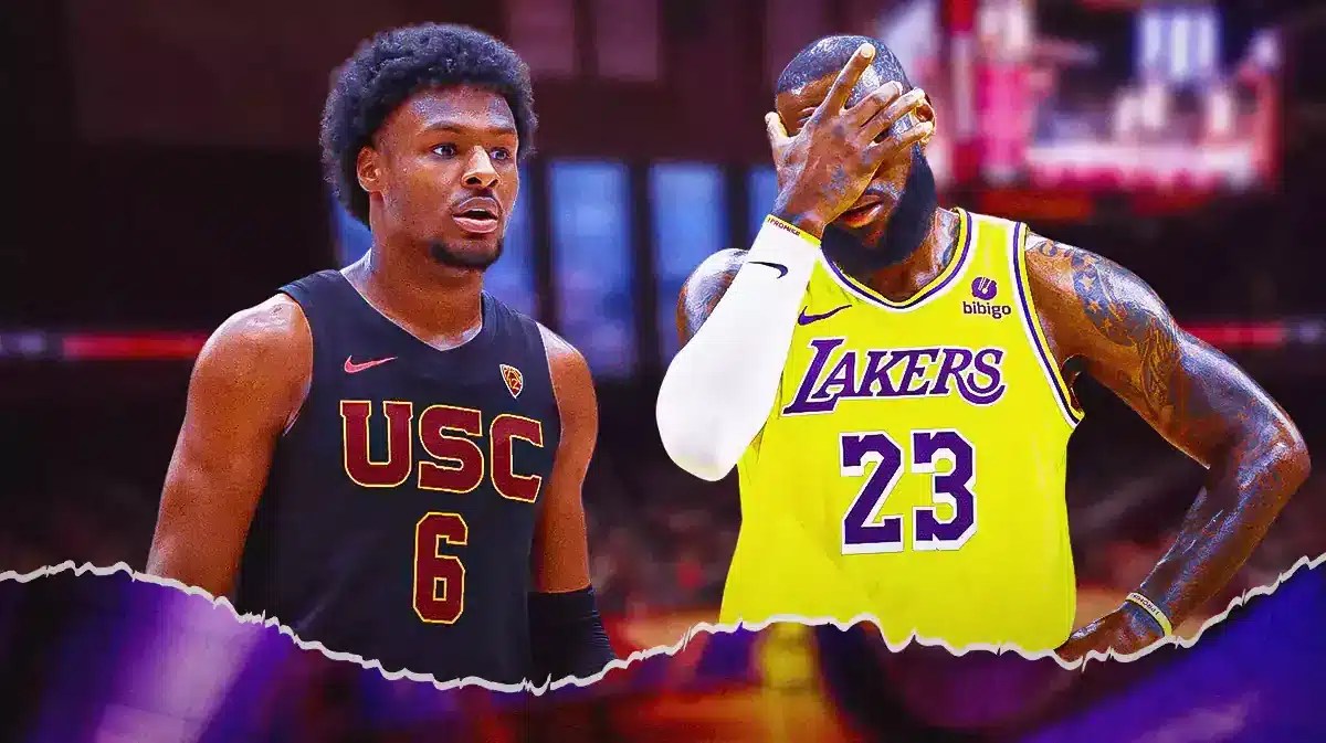 Lakers star leBron James looking at USC star Bronny James.