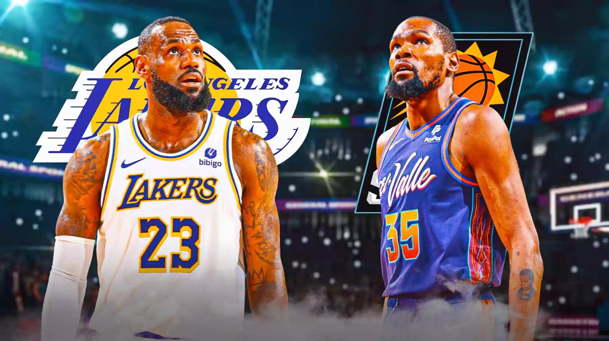LeBron James opposite Kevin Durant with both the Lakers and Suns logos in the background