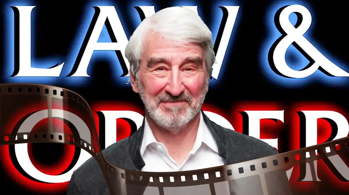 Sam Waterston with the show logo for Law and Order in the background