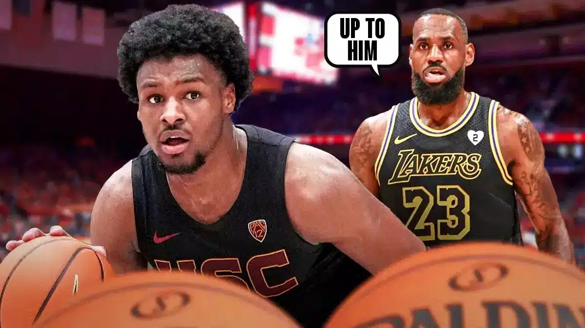 Bronny James in action in USC basketball jersey, LeBron James saying “Up to him”