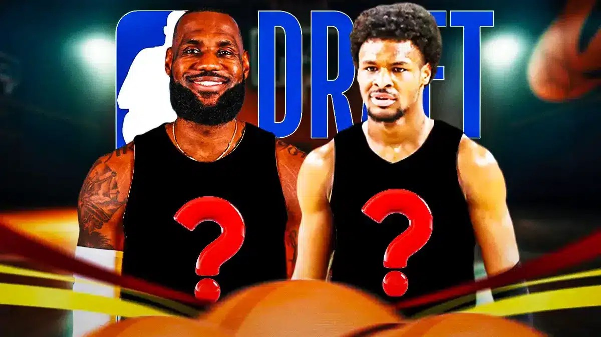 Lakers' LeBron James and USC basketball player Bronny James both with blank jerseys with question marks on them and an NBA Draft background.