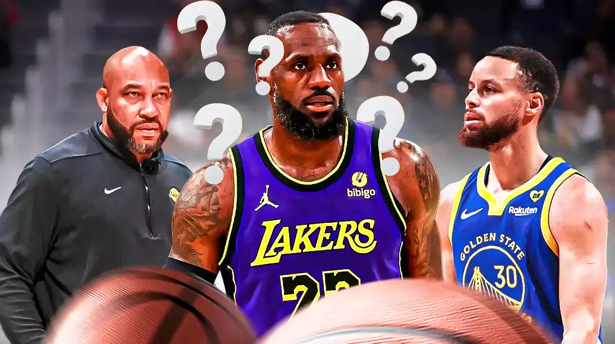 Lakers coach Darvin Ham looking at LeBron James and Warriors star Stephen Curry looking.