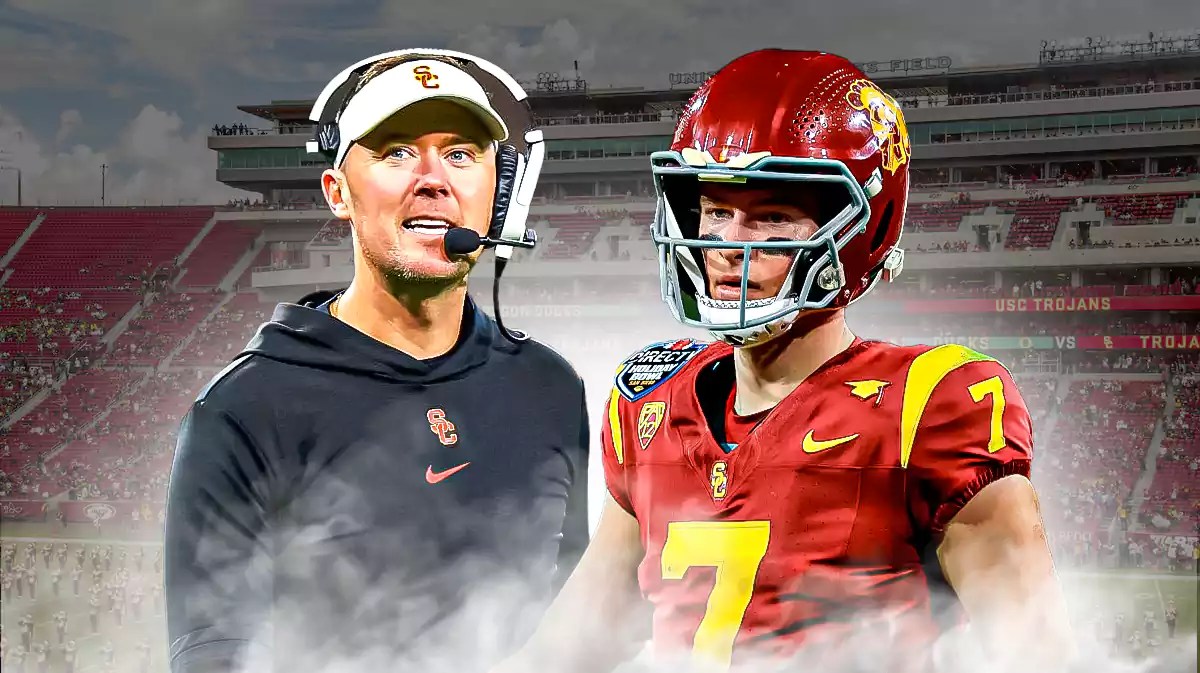 USC football, Trojans, Miller Moss, Caleb Williams, Lincoln Riley, Lincoln Riley and Miller Moss with USC football stadium in the background