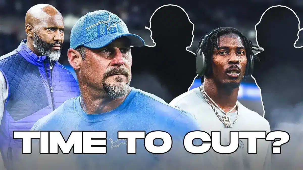 Dan Campbell, Brad Holmes, Tracy Walker III all beside each other, and Detroit Lions wallpaper in the background.