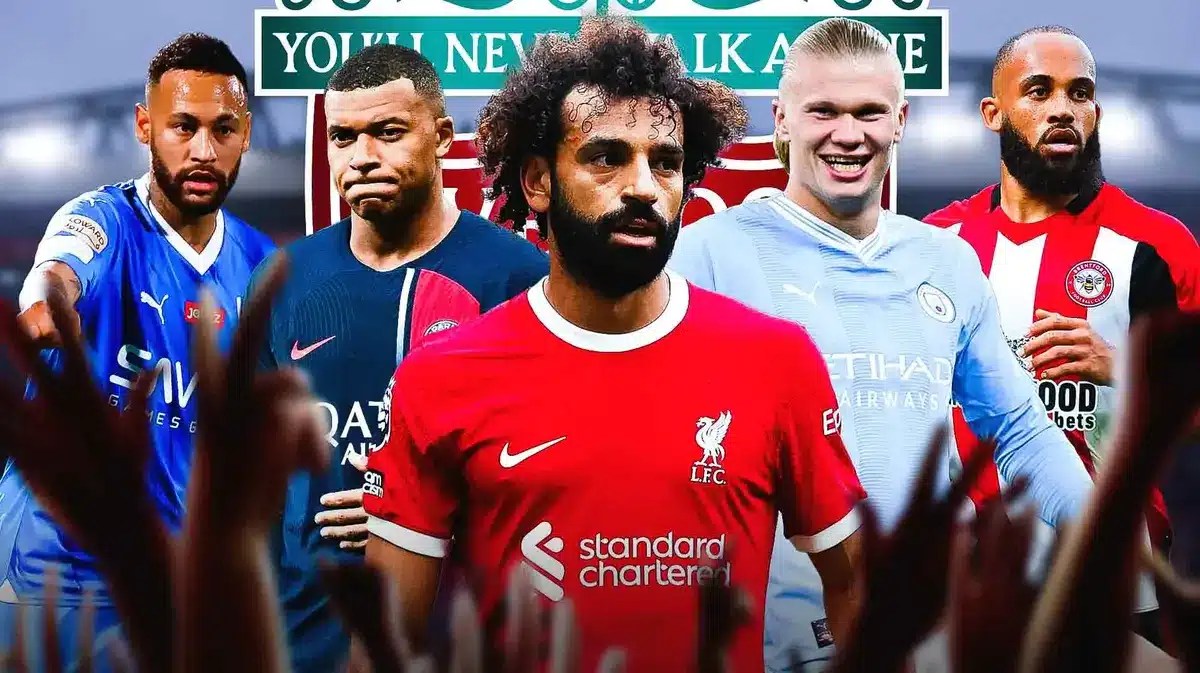 Mohamed Salah, Kylian Mbappe, Erling Haaland, Bryan Mbeumo, Neymar in front of the Liverpool logo