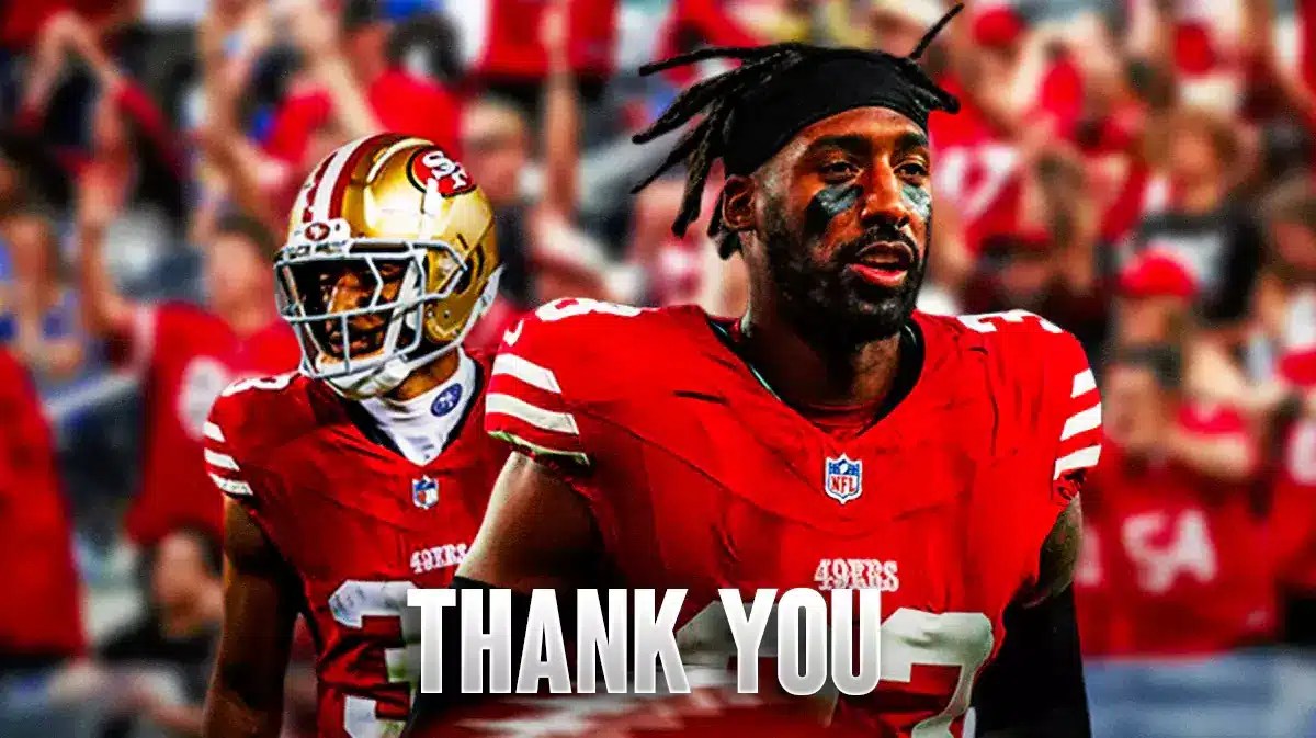 Logan Ryan in a 49ers jersey next to a Thank You note and a background of 49ers fans