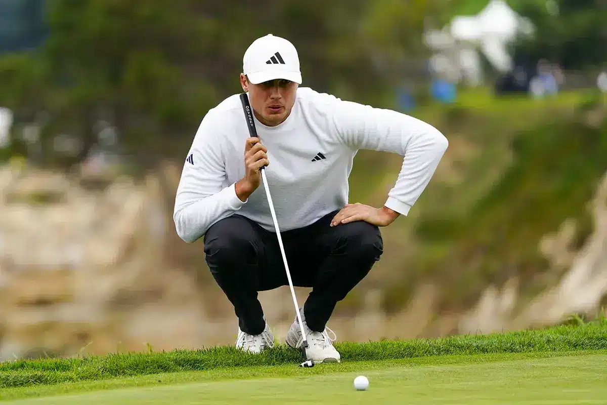  Ludvig Aberg lines up his putt on the fifth hole during the third round of the AT&T Pebble Beach Pro-Am golf tournament at Pebble Beach Golf Links.