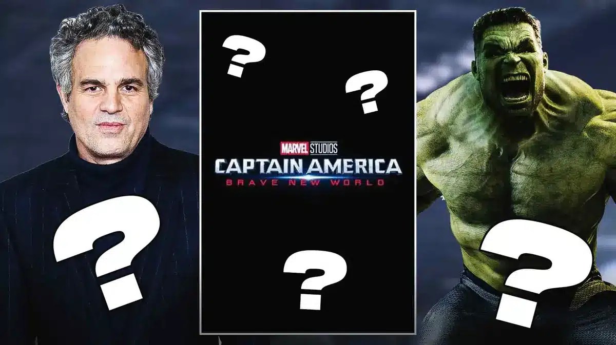 MCU Captain America: Brave New World logo with Mark Ruffalo and Hulk and question marks.