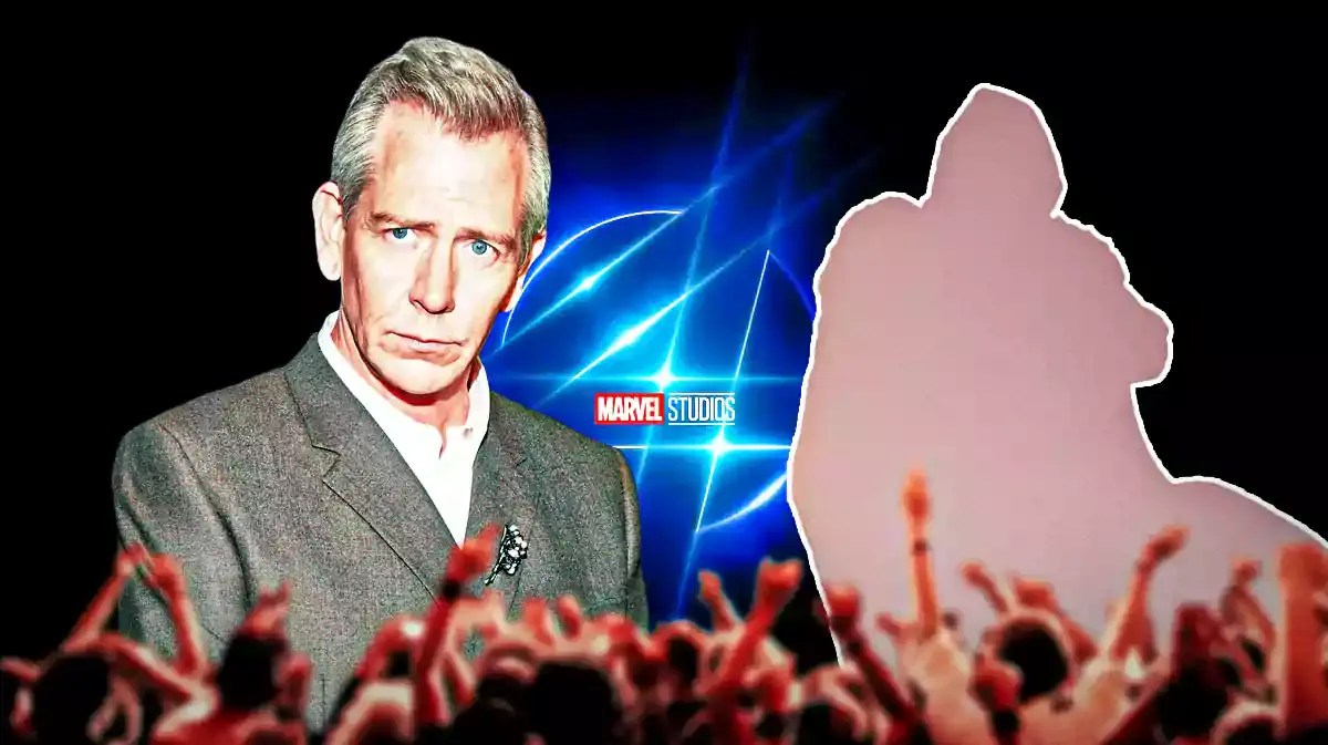 Ben Mendelsohn next to Doctor Doom and MCU Fantastic Four logo.