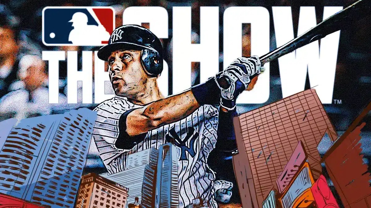 Yankees' Derek Jeter swinging a baseball bat, but have it be Jeter in MLB The Show.