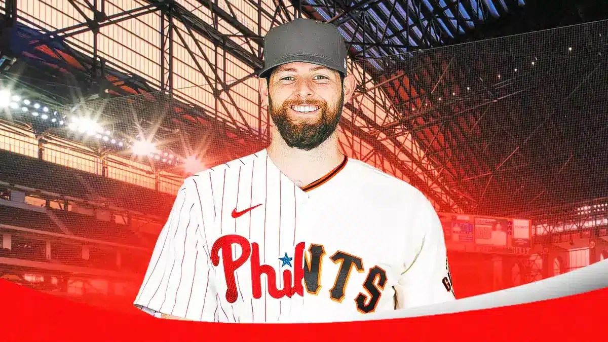 Jordan Montgomery wearing a half Phillies and half Giants jersey