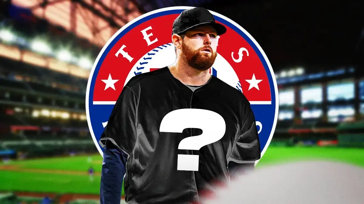 Jordan Montgomery wearing a mystery uniform in front of a Rangers logo at Globe Life Field