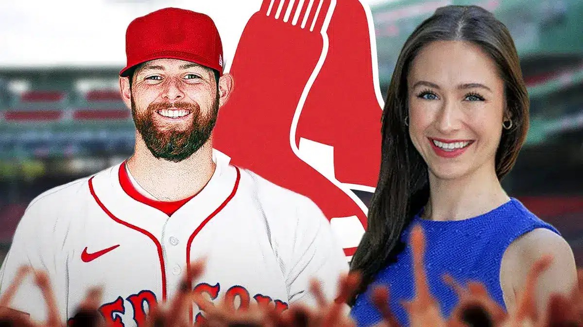 Jordan Montgomery in a Red Sox jersey next to his wife McKenzie and a Red Sox logo
