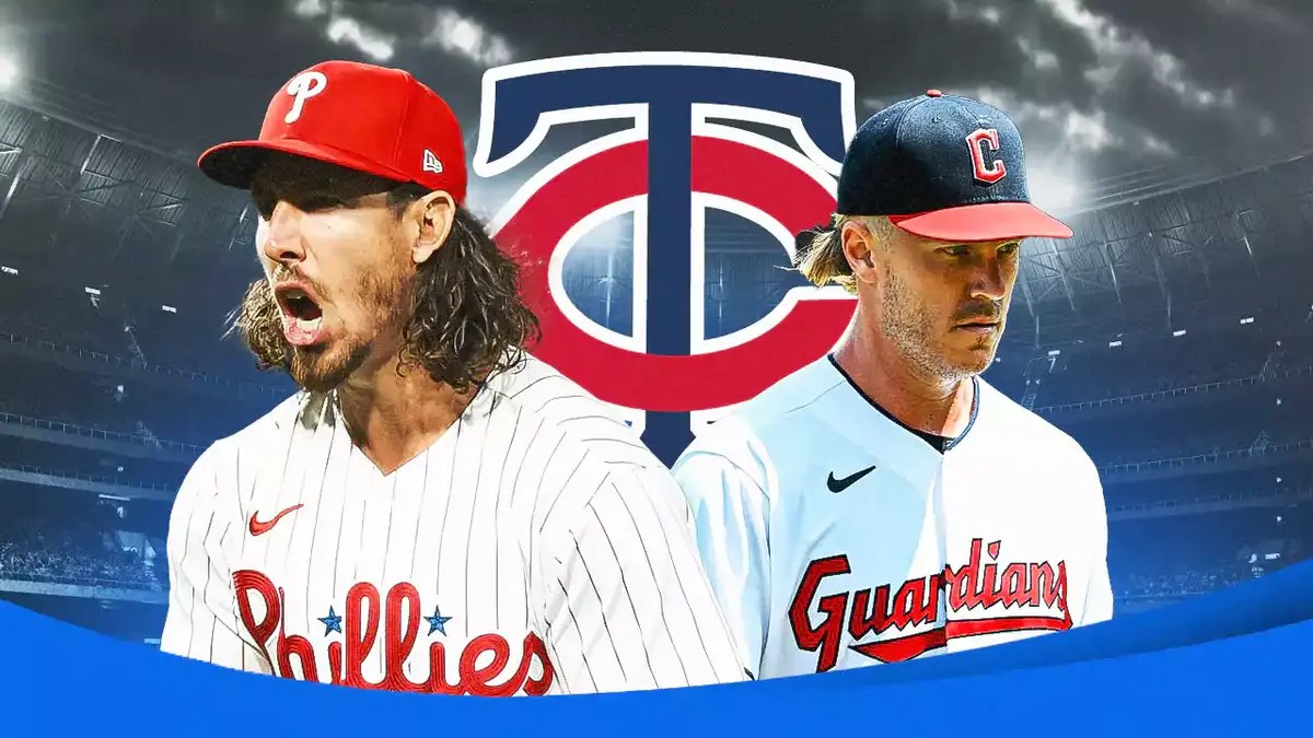 Action shots of Michael Lorenzen (Phillies) and Noah Syndergaard (Guardians) with Minnesota Twins logo in the background