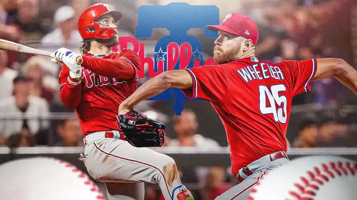 Phillies' Bryce Harper on left swinging a bat. Phillies' Zack Wheeler on right pitching a baseball. Phillies' logo in middle.