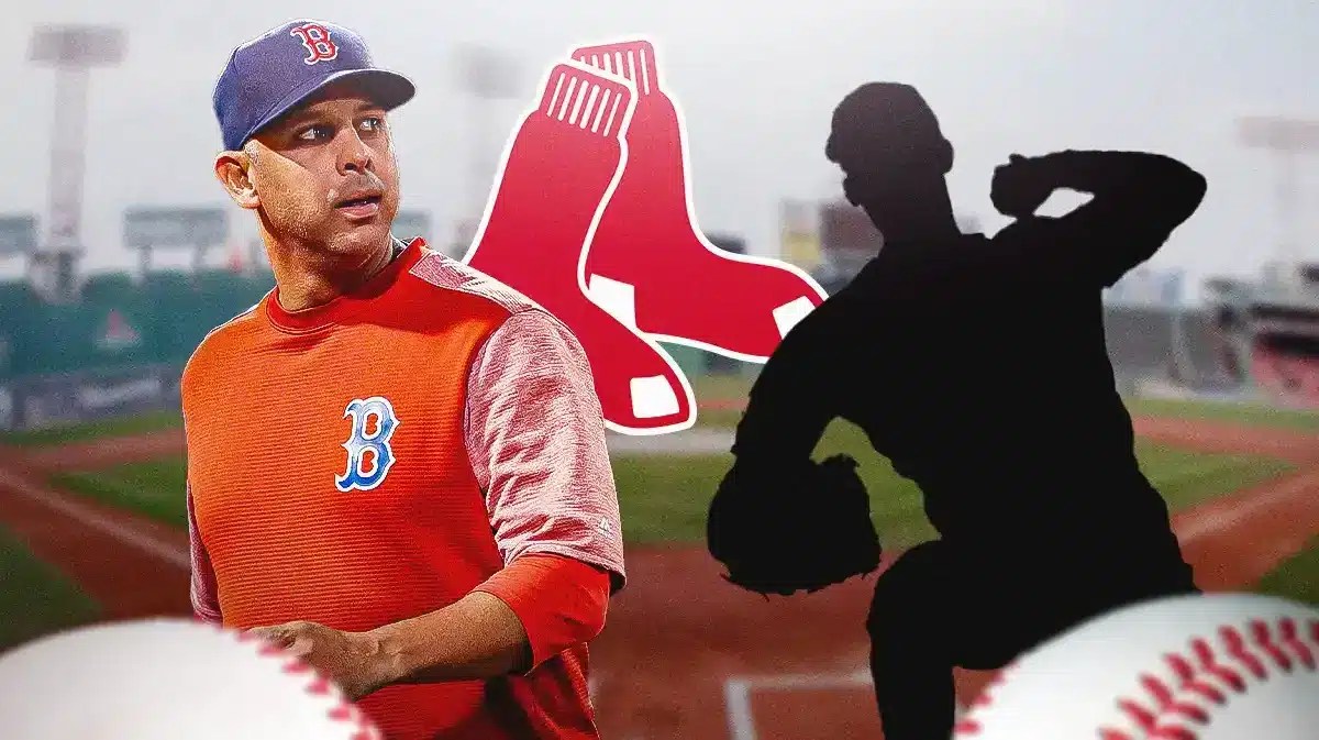 Alex Cora next to a Red Sox logo and a mystery MLB pitcher. Background is Fenway Park