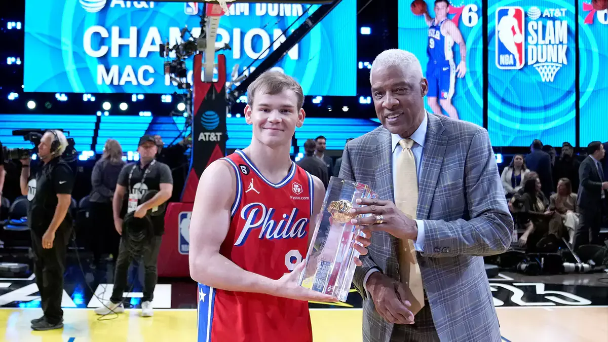 Mac McClung with Julius Erving and Slam Dunk Contest trophy