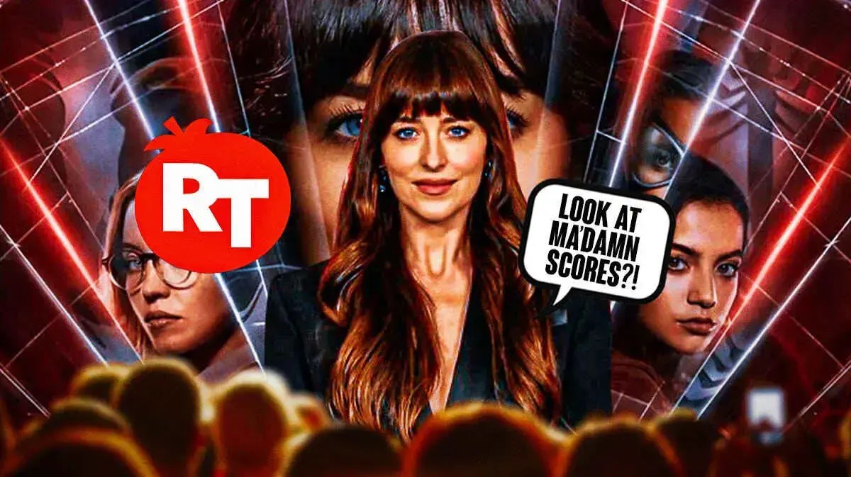 Dakota Johnson as Madame Web, collaged with Madame Web movie poster and the Rotten Tomatoes logo. Dakota Johnson has a speech bubble, “Look at ma’damn scores?!”