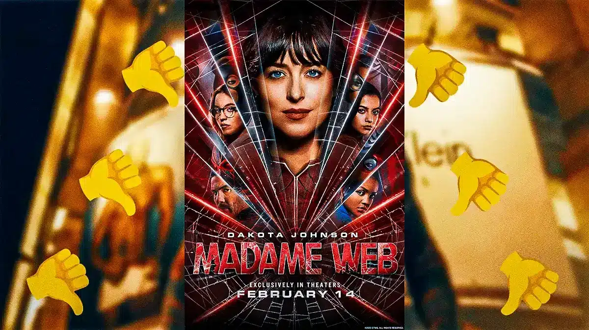 Madame Web poster with thumbs down emojis.