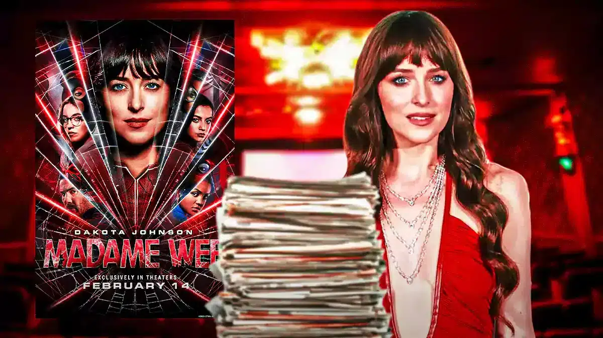 Madame Web poster next to script and Dakota Johnson.