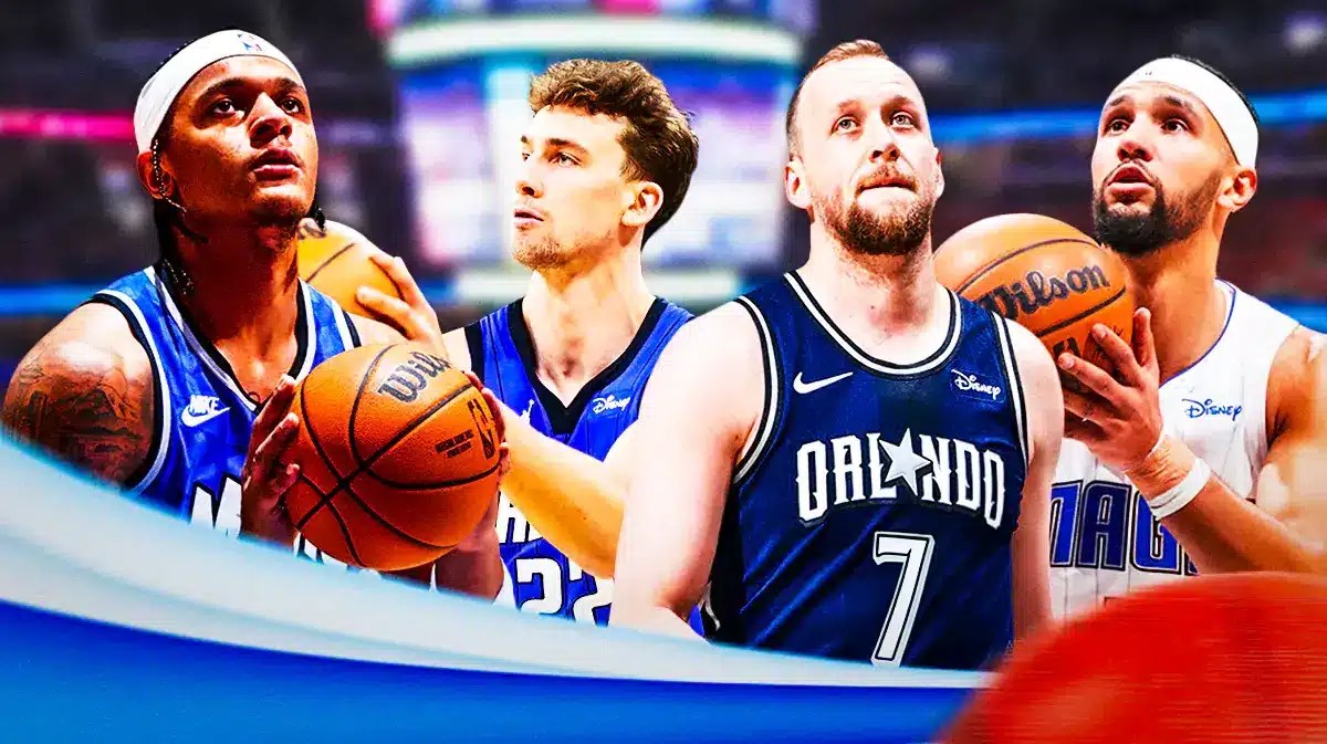 Paolo Banchero, Franz Wagner, Joe Ingles, and Jalen Suggs all shooting the basketball with Magic background.