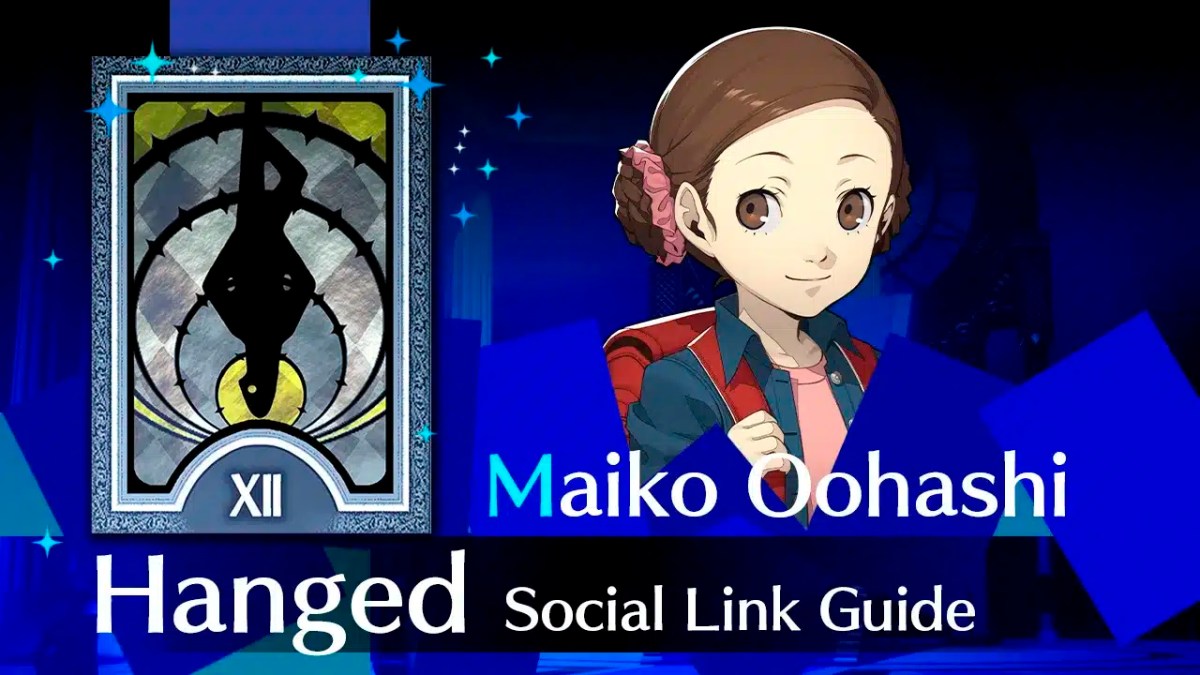 maiko oohashi reload, maiko oohashi, maiko social link, maiko persona 3 reload, maiko guide reload, a picture of maiko oohashi with their arcana to the left and the words hanged social link guide below