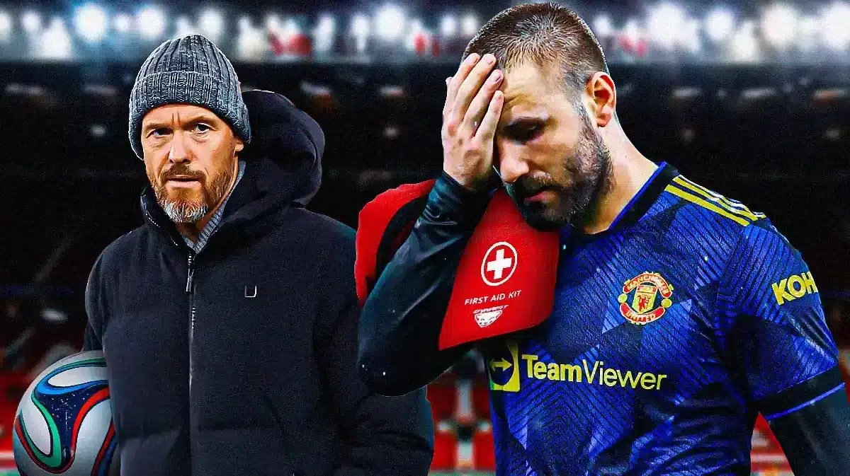 Photo: Luke Shaw in Manchester United jersey looking stressed with medical kit beside him, Erik ten Hag looking serious/pissed, Old Trafford as background