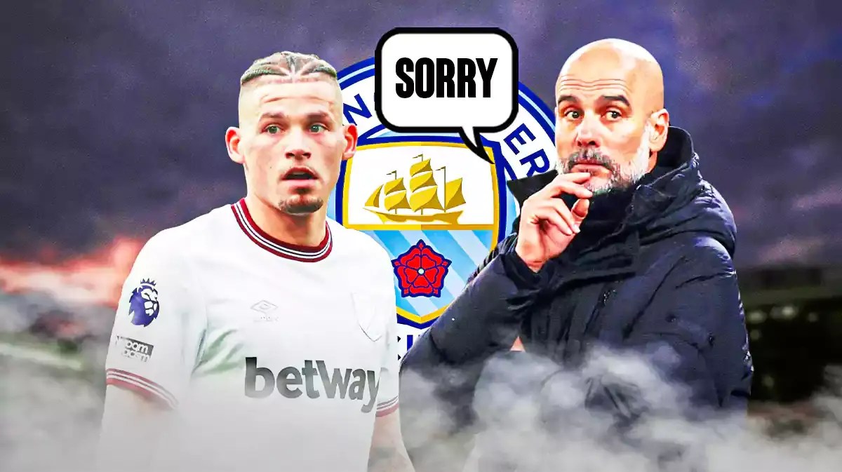Pep Guardiola saying: ‘Sorry’ next to Kalvin Phillips, the Manchester City logo behind them