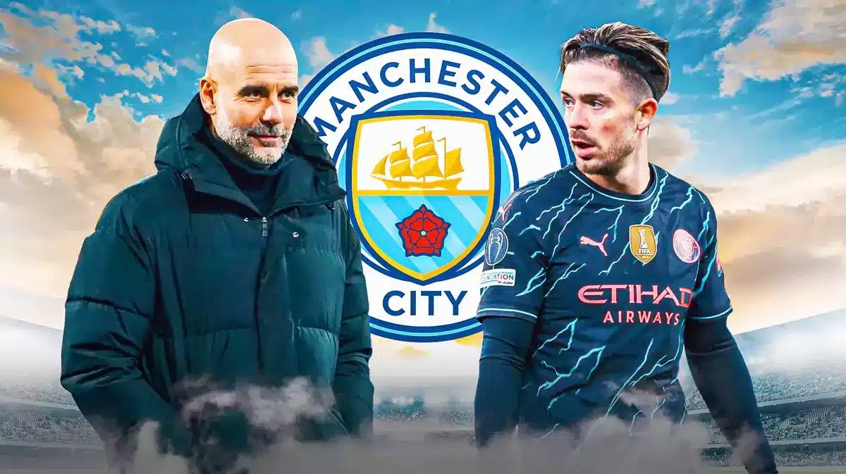 Pep Guardiola looking towards Jack Grealish, the Manchester City logo behind them