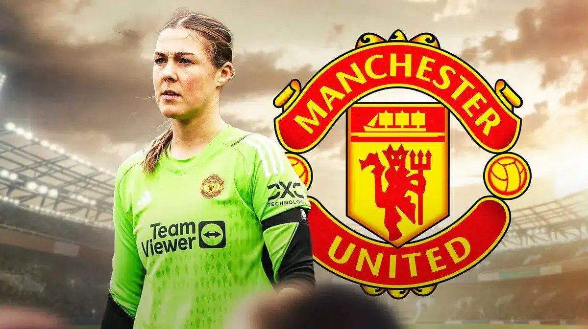Mary Earps in front of the Manchester United logo