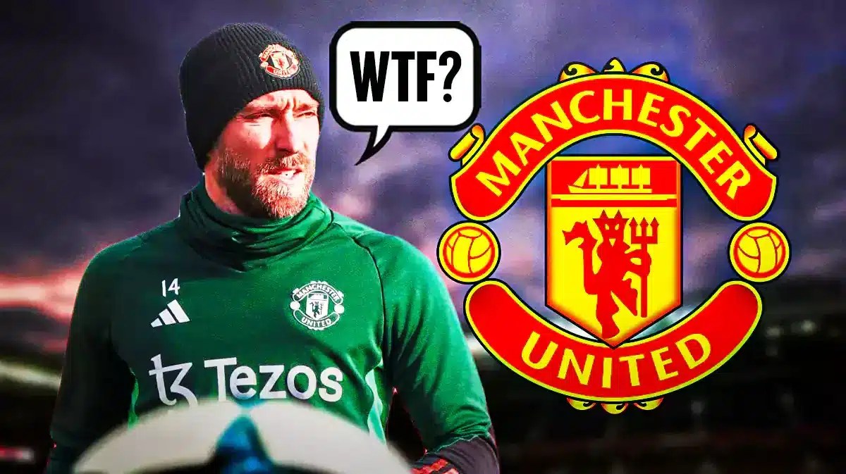 Christian Eriksen saying: ‘WTF?’ in front of the Manchester United logo