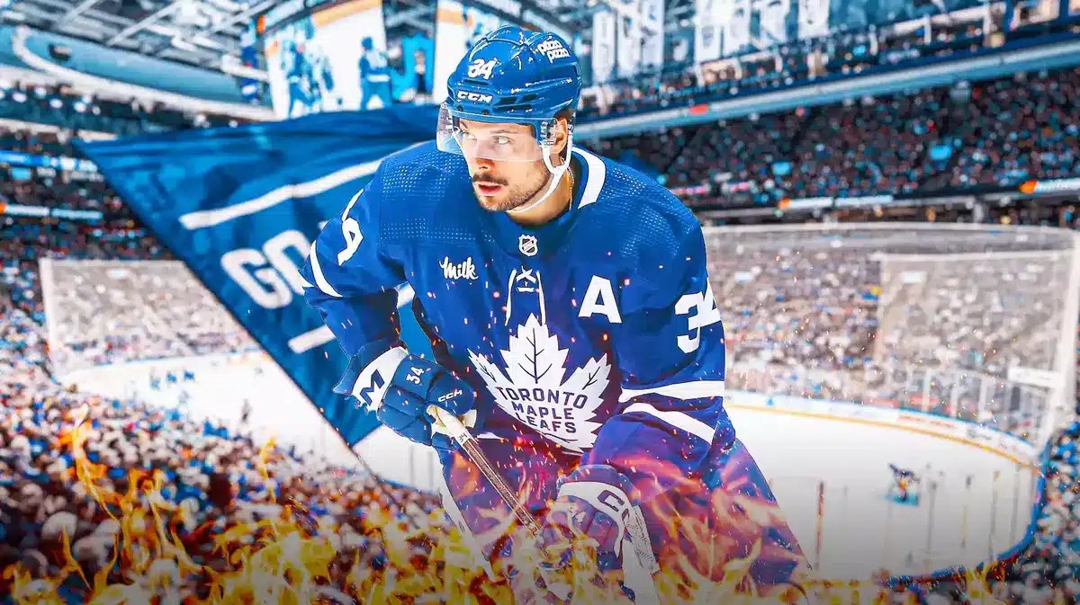 Photo: Auston Matthews in action in Maple Leafs jersey with fire around him