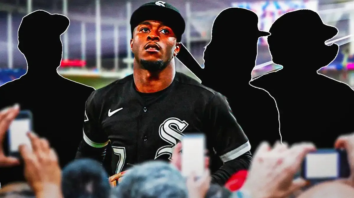 Tim Anderson in the middle, silhouettes of Amed Rosario, Adalberto Mondesi and Nick Ahmed behind him. LoanDepot Park in the background