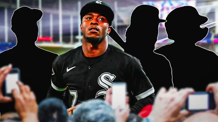 Tim Anderson in the middle, silhouettes of Amed Rosario, Adalberto Mondesi and Nick Ahmed behind him. LoanDepot Park in the background