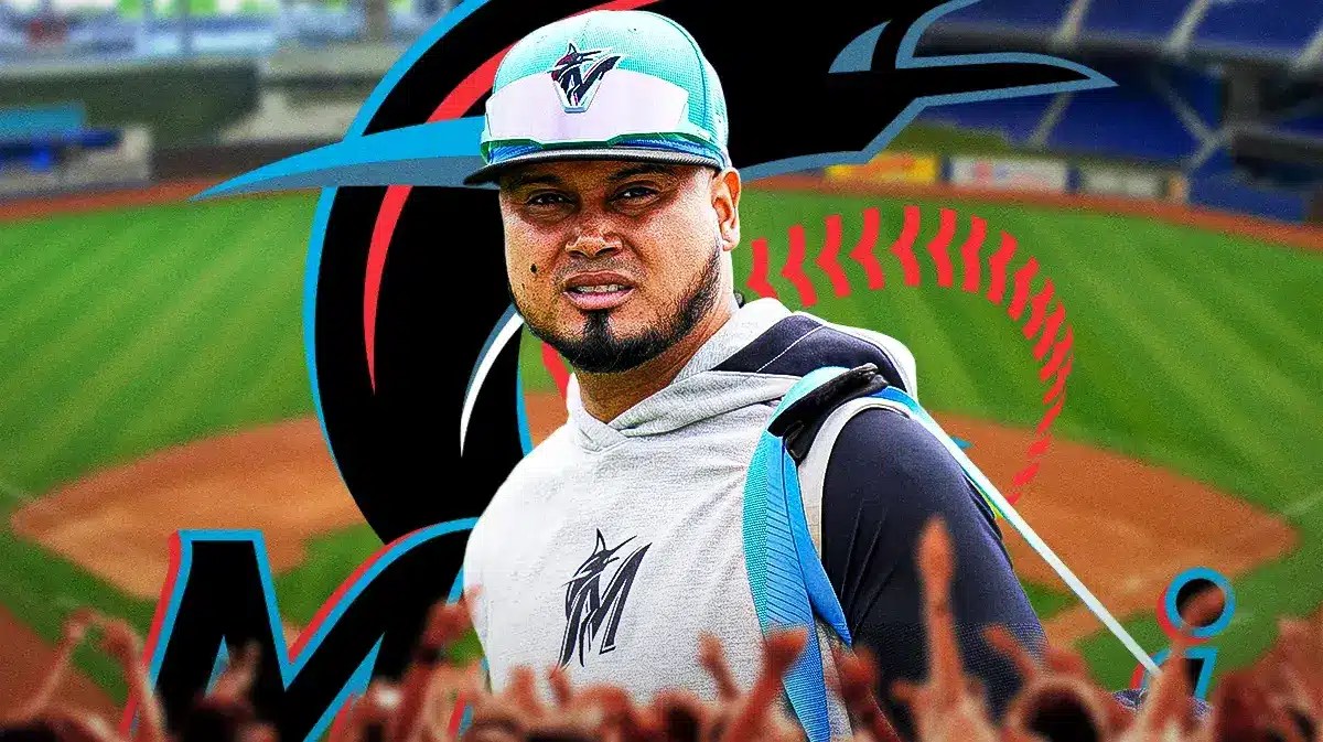 Luis Arraez in front of a Marlins at loanDepot Park