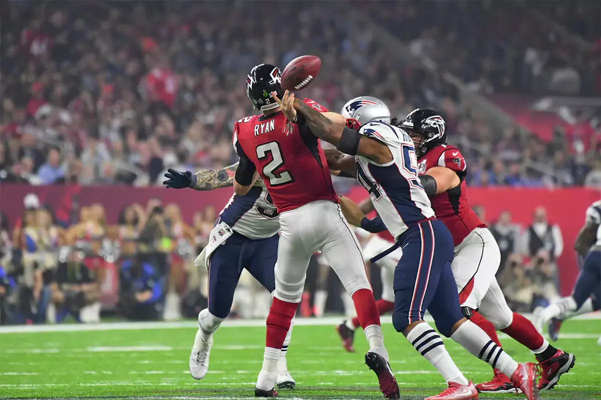 New England Patriots middle linebacker Dont'a Hightower (54) hits Atlanta Falcons quarterback Matt Ryan (2) who fumbles the ball in the fourth quarter during Super Bowl LI at NRG Stadium