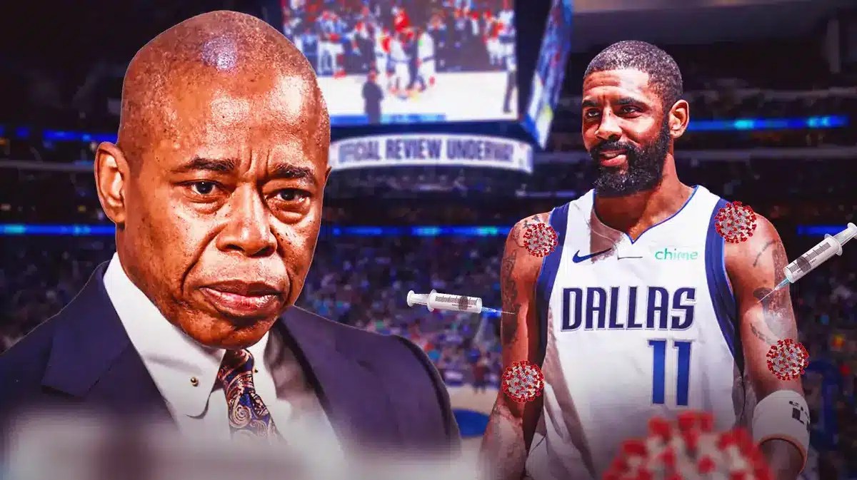 Mavericks' Kyrie Irving smiling, with New York City mayor Eric Adams looking serious, with syringe and COVID-19 virus symbol all over Kyrie