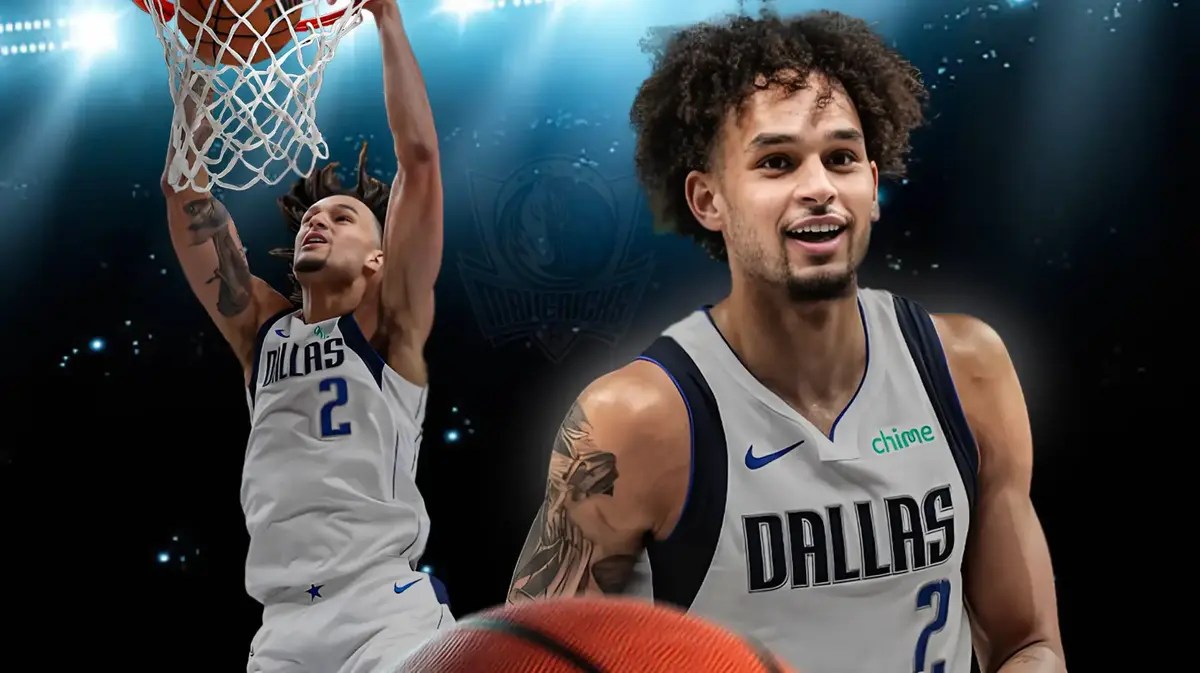 Mavericks' Dereck Lively II in front smiling. In background, have Mavericks' Dereck Lively II dunking a basketball